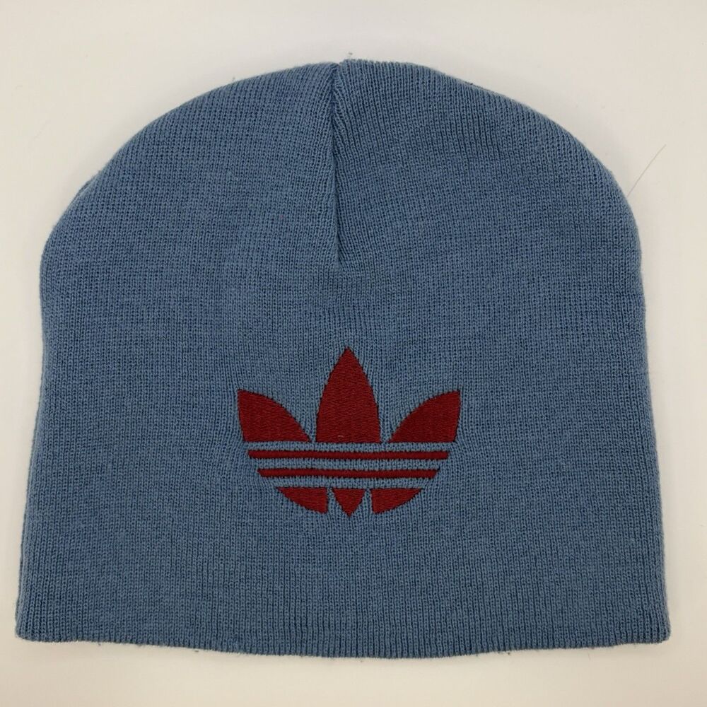 Vintage Adidas Trefoil Beanie Hat Slate Blue Red Embroidered 90s Made in Taiwan